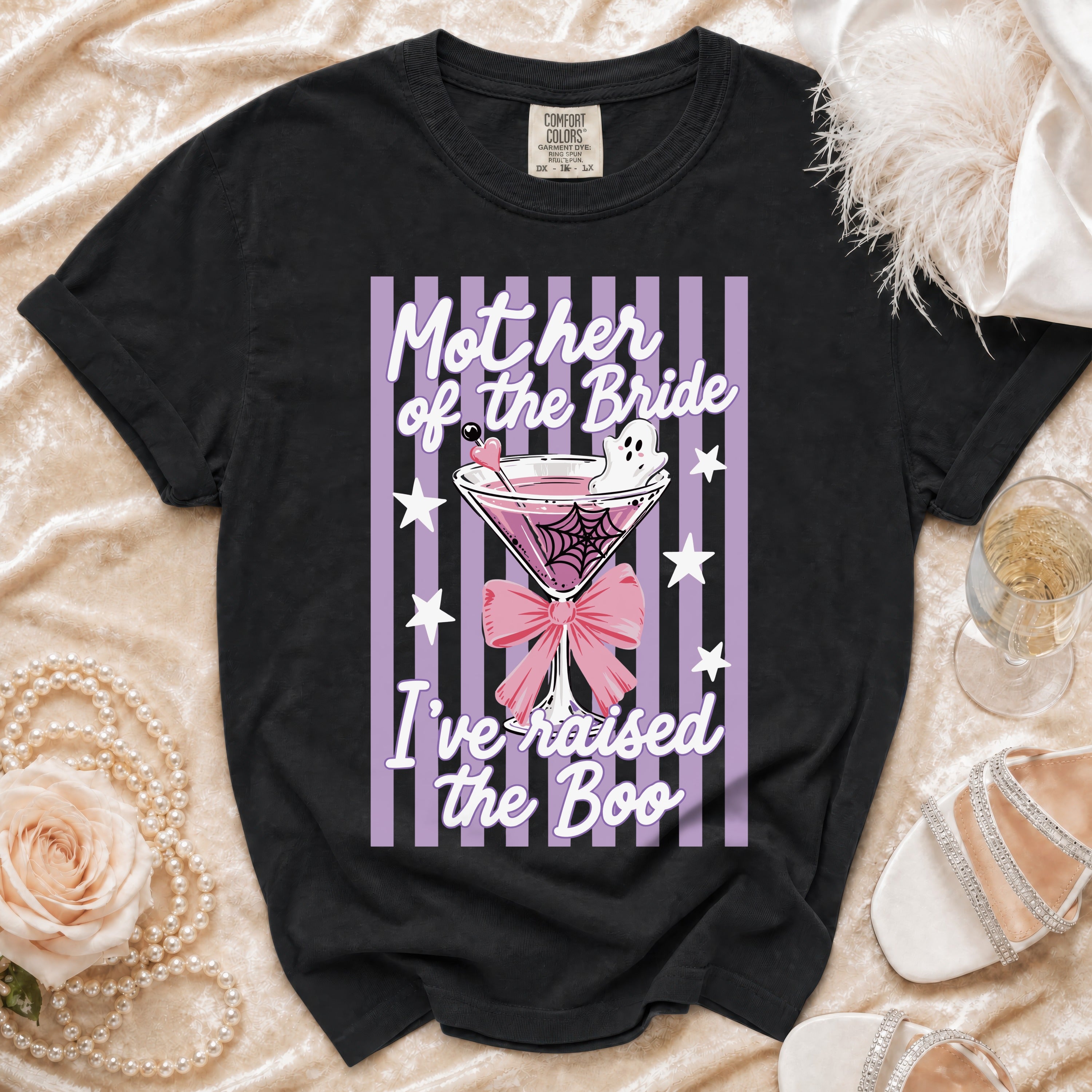 Black t-shirt with "Mother of the Bride I've raised the Boo" Halloween graphic.