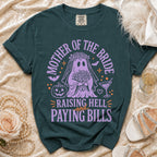 Green t-shirt with "Mother of the Bride Raising Hell and Paying Bills" text and ghost design.