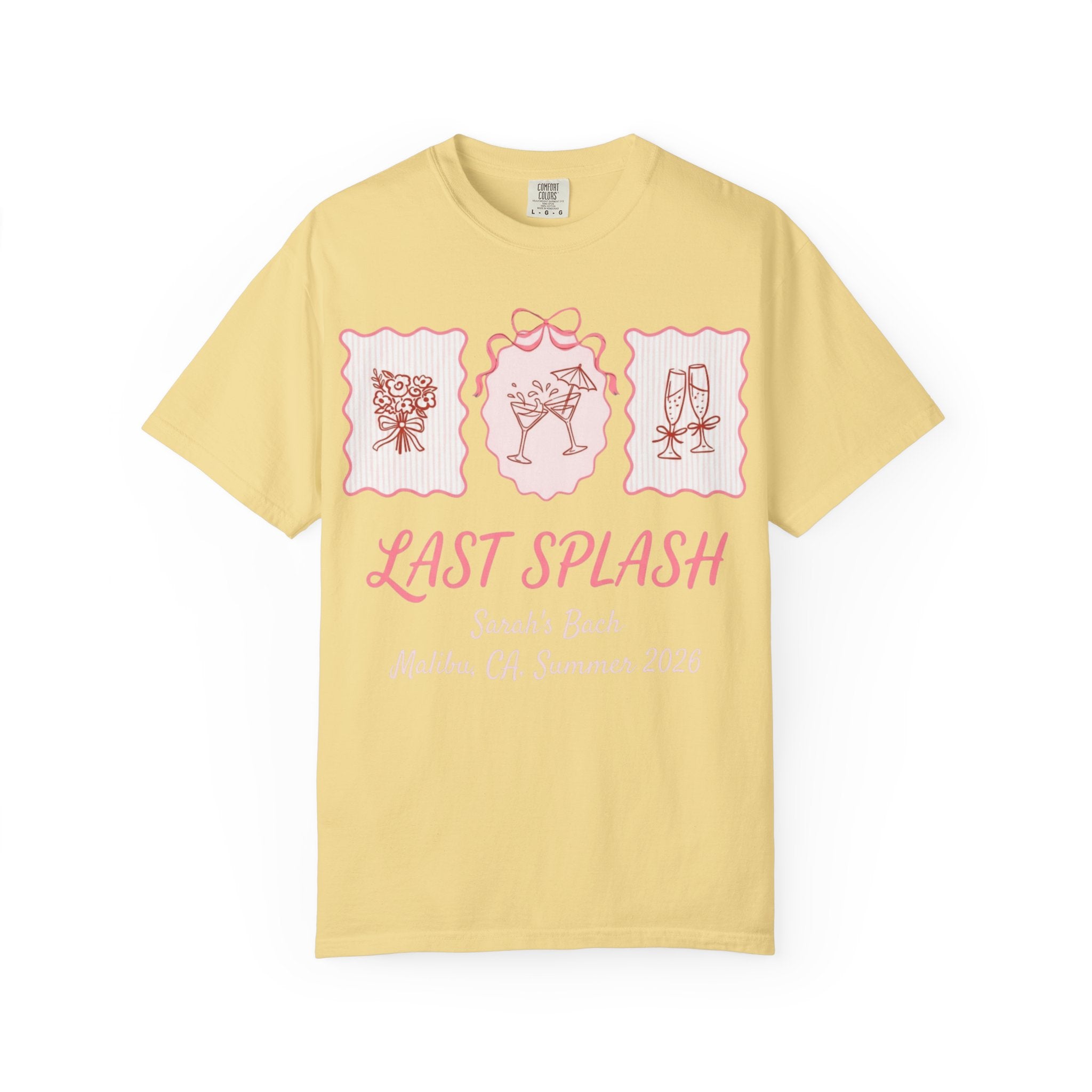 Yellow t-shirt with "Last Splash" and bachelorette details.