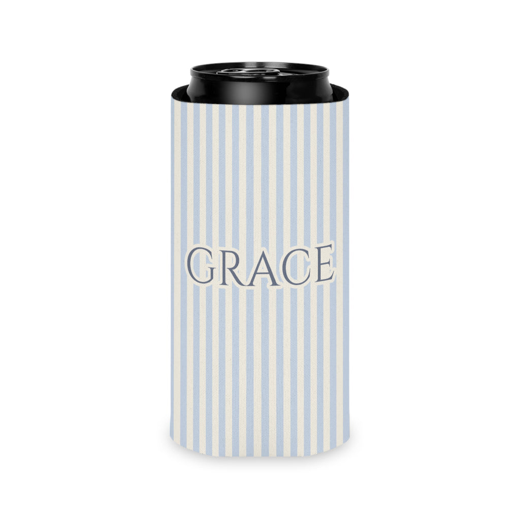 Slim can cooler with blue and beige stripes and the word "GRACE".