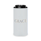 Slim can cooler with blue and beige stripes and the word "GRACE".