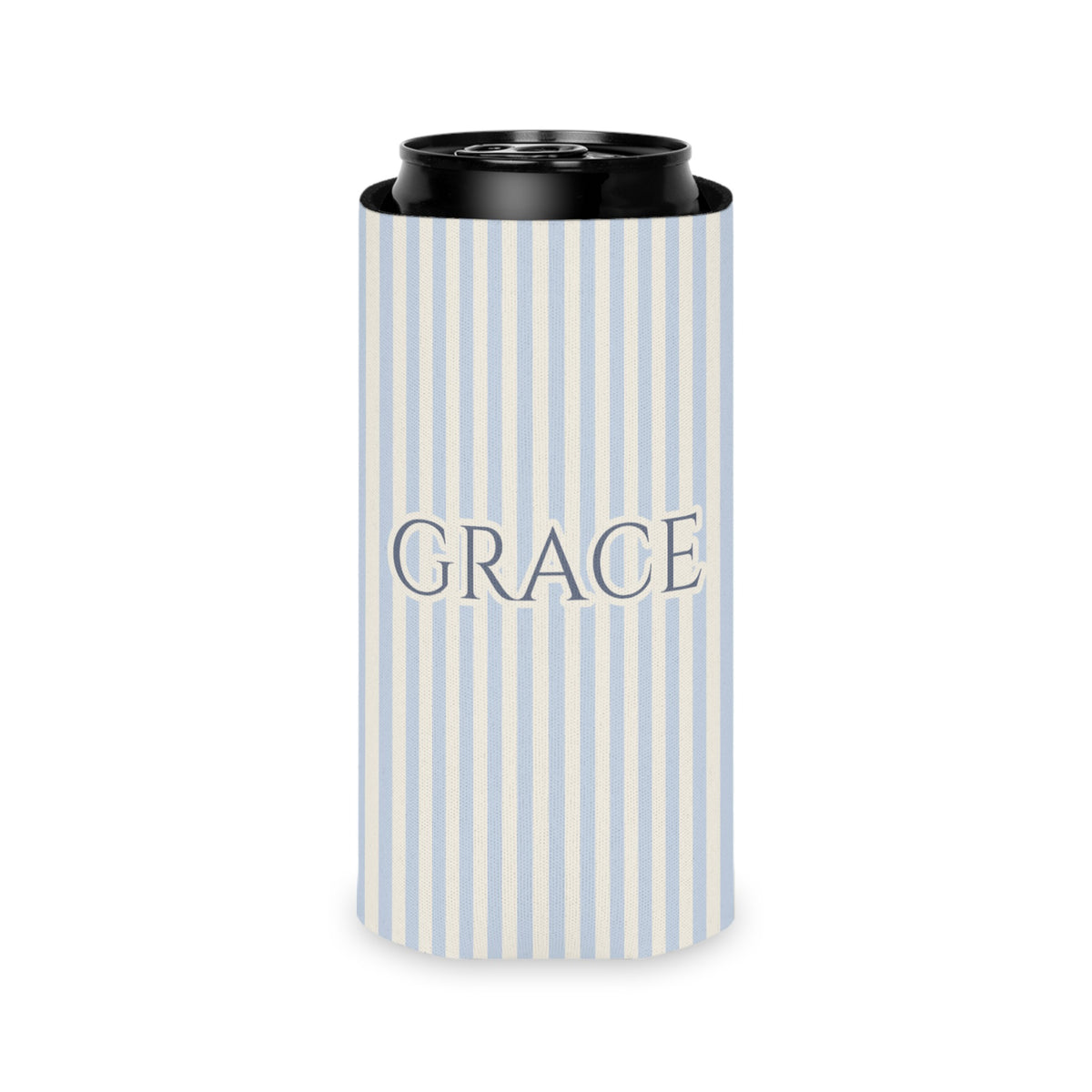 Slim can cooler with blue and beige stripes and the word "GRACE".
