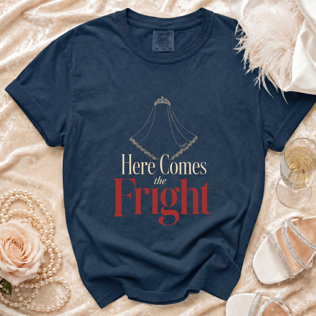 Navy t-shirt with "Here Comes the Fright" text and veil graphic.