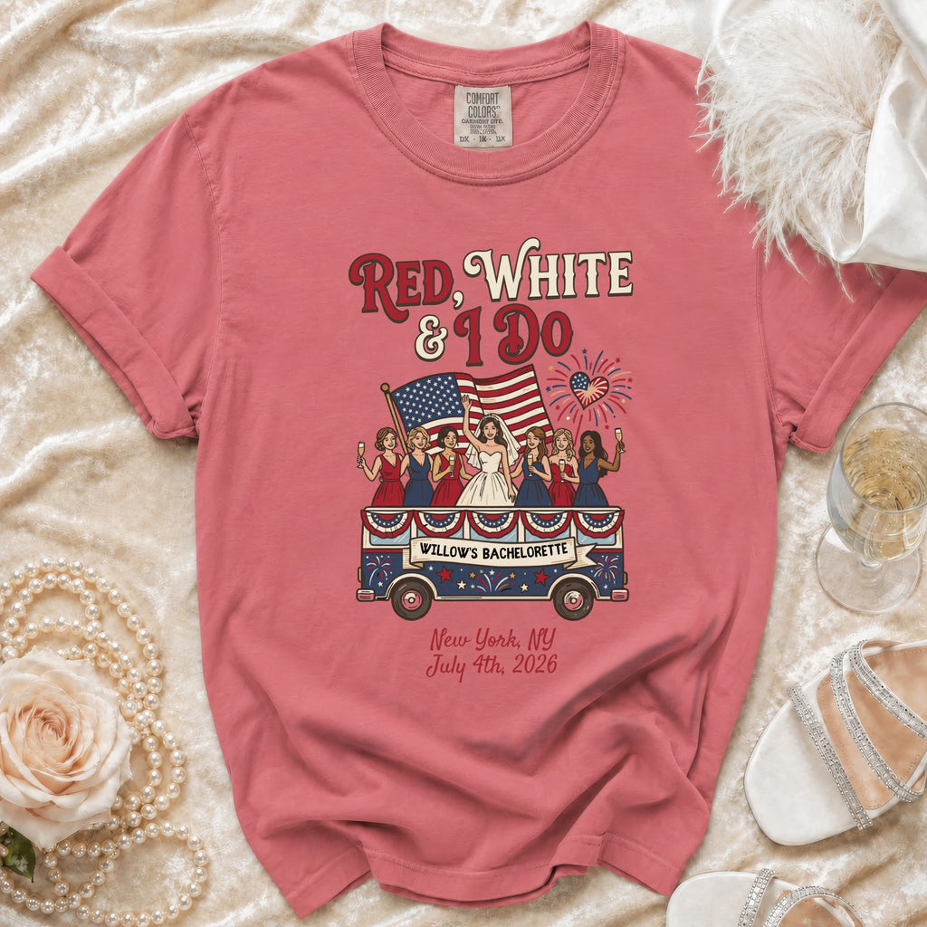 Red, White & I Do Willow's Bachelorette t-shirt with patriotic parade float.