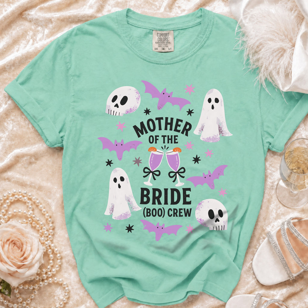 Mint green t-shirt with "Mother of the Bride (Boo) Crew" text, ghosts, skulls, and bats.