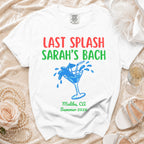 White t-shirt with "Last Splash Sarah's Bach" text and cocktail graphic.