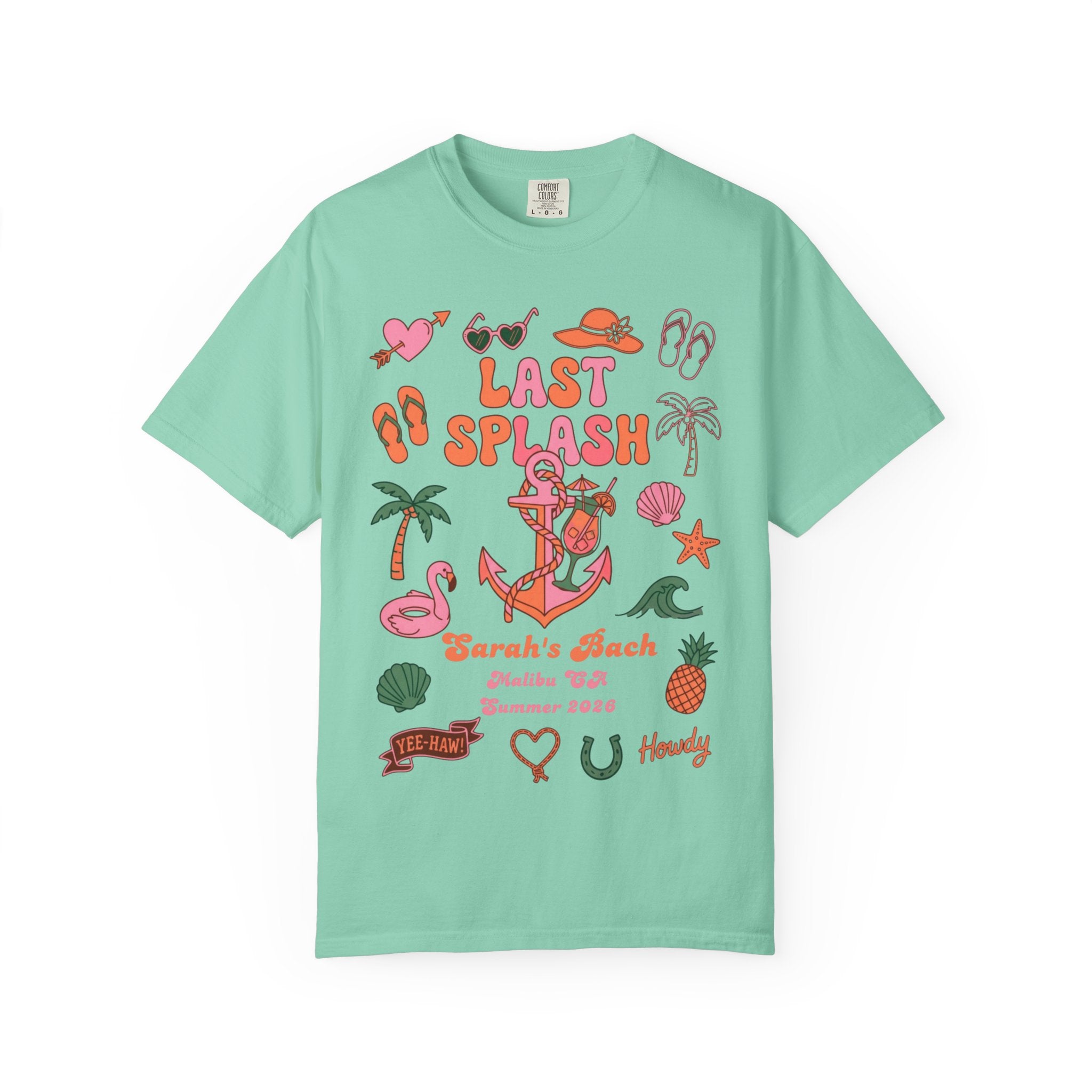 Mint t-shirt with "Last Splash Sarah's Bach Malibu CA" and tropical graphics.