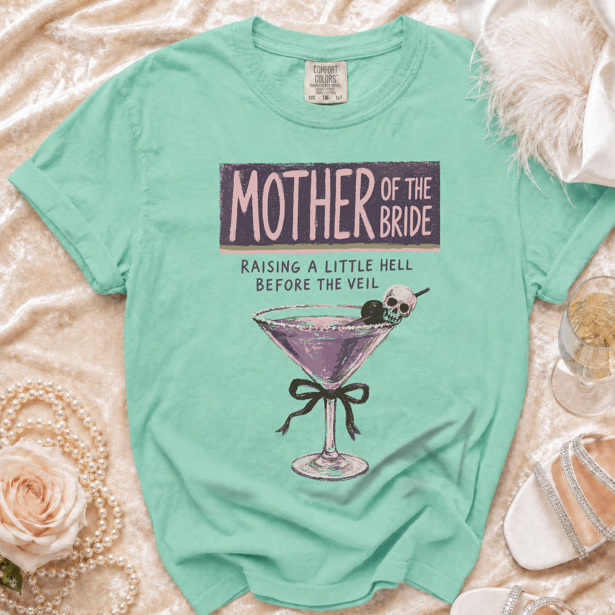 "Mother of the Bride" graphic t-shirt with skull martini glass and text.