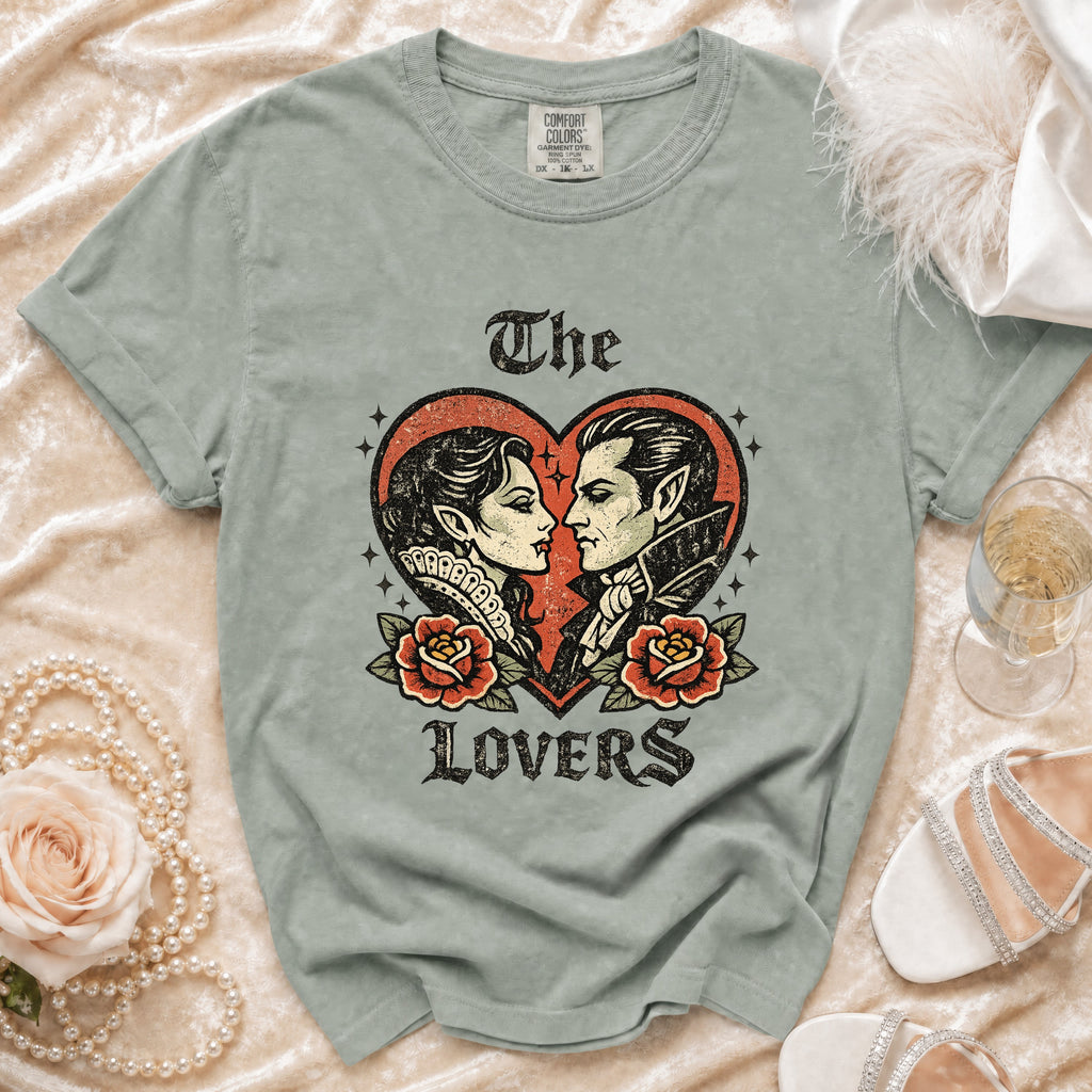 Grey t-shirt with vintage "The Lovers" graphic featuring vampire couple within a heart.