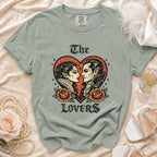 Grey t-shirt with vintage "The Lovers" graphic featuring vampire couple within a heart.