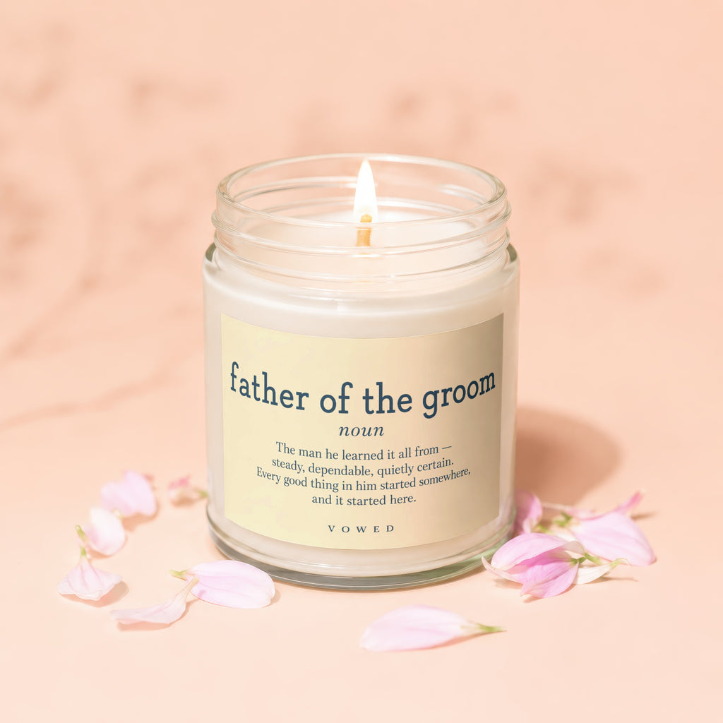 Candle with "father of the groom" definition on the label.