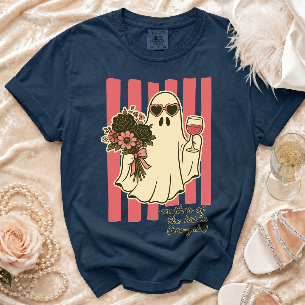 Navy t-shirt with a ghost wearing heart sunglasses holding flowers and wine, text says "mother of the bride".