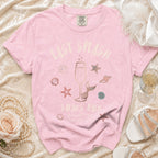 Pink t-shirt with "Last Splash" and beach-themed graphics for "Sarah's Bach Malibu, CA Summer 2026".