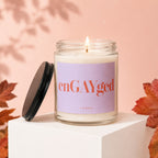 Candle with "enGAYged" and "vowed" text on a lavender label.