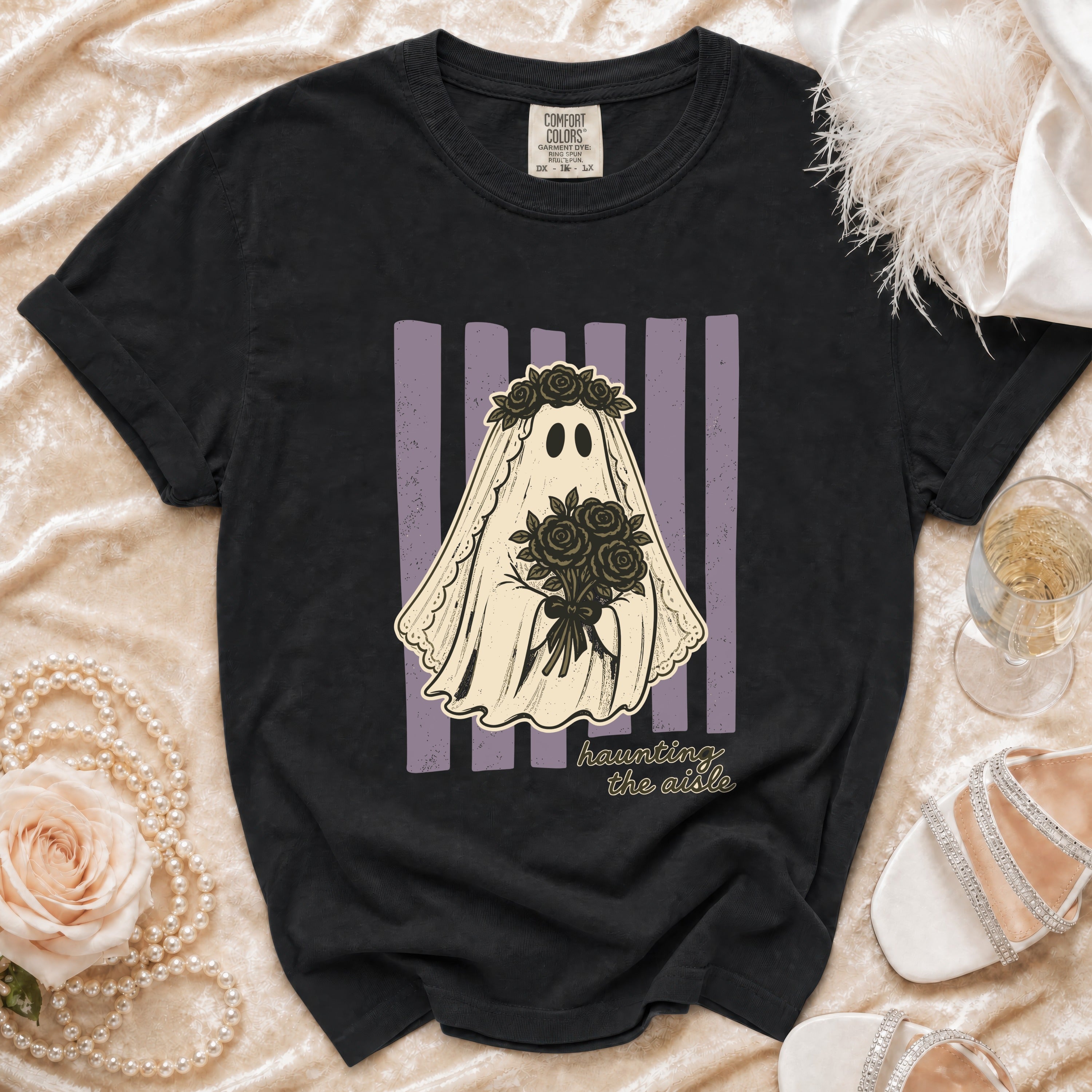 Black t-shirt with ghost bride graphic and "haunting the aisle" text.