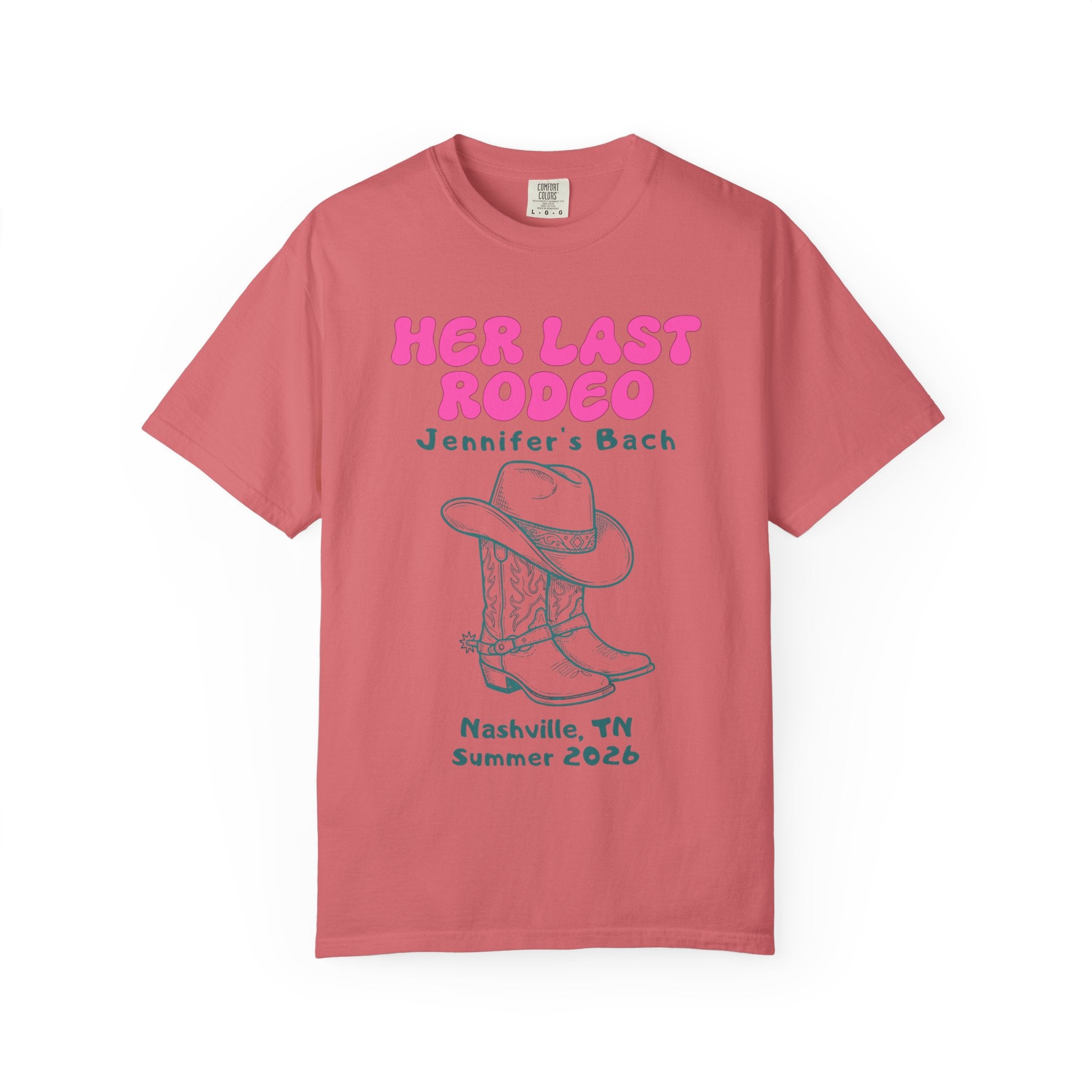 T-shirt with "Her Last Rodeo" text, cowboy boots, and "Jennifer's Bach Nashville, TN Summer 2026".