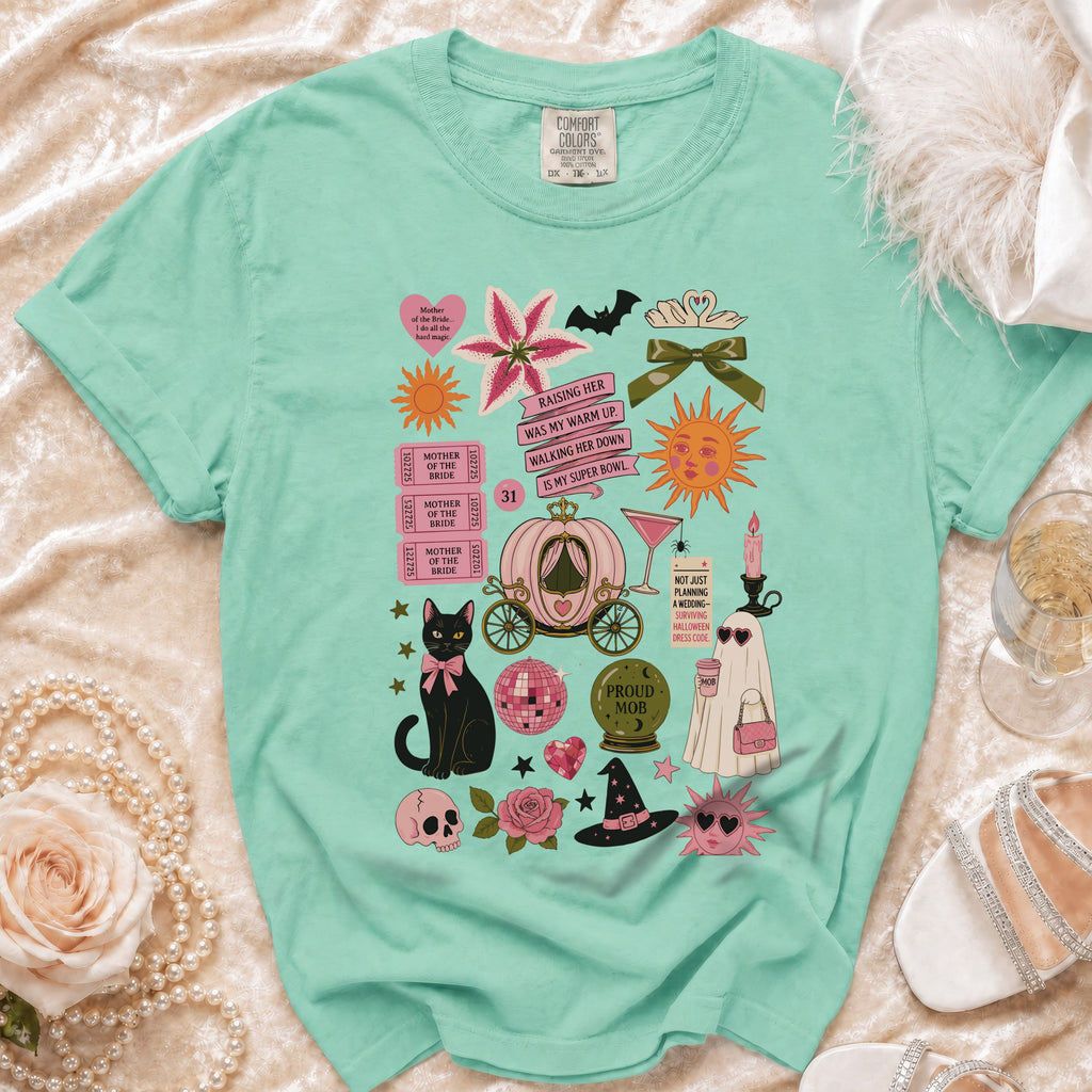 Mint green t-shirt with a collage of vintage-style graphics for a bride and Halloween.