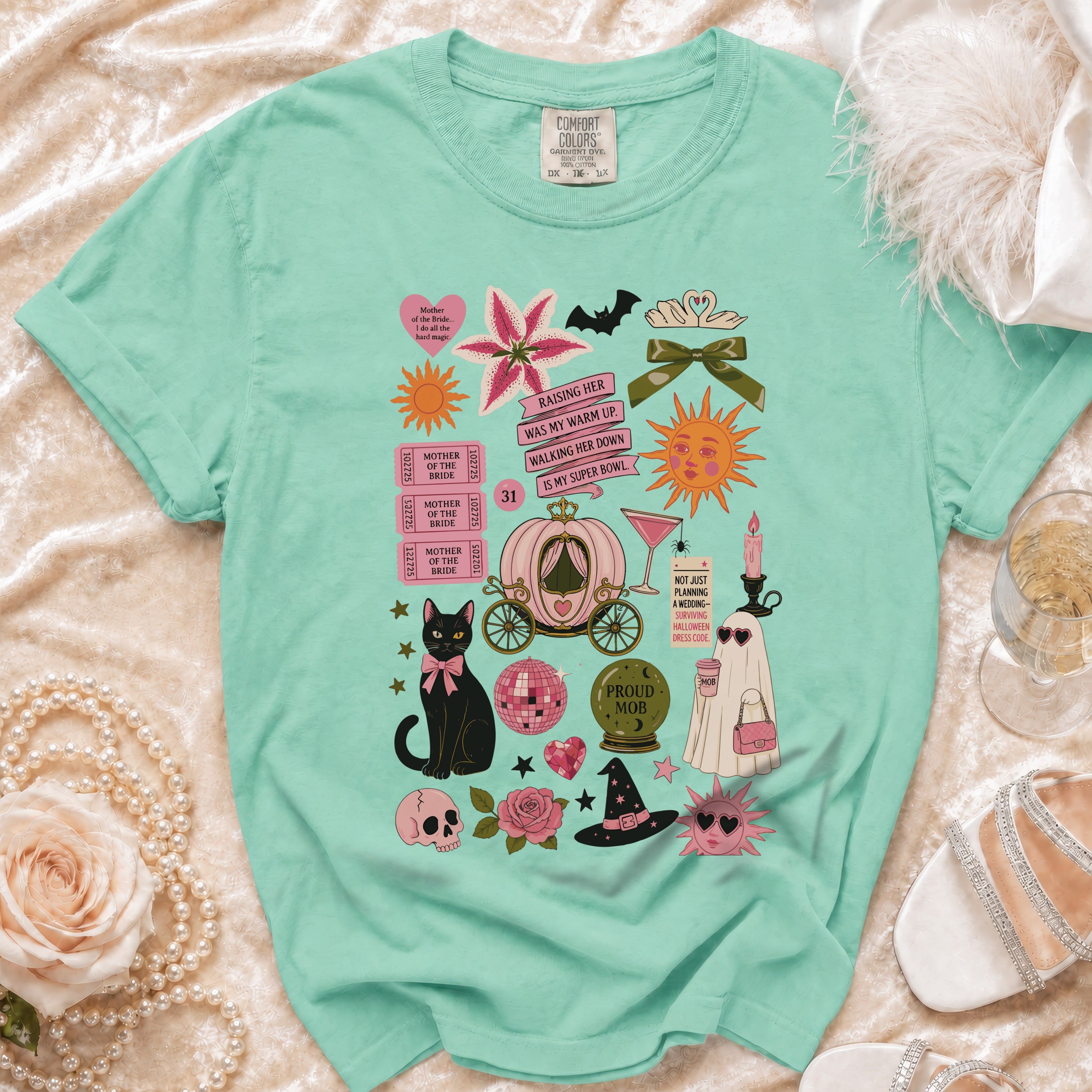 Mint green t-shirt with a collage of vintage-style graphics for a bride and Halloween.