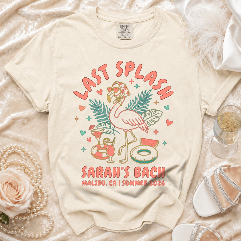 Sarah's Bach Last Splash flamingo graphic t-shirt with text.