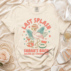 Sarah's Bach Last Splash flamingo graphic t-shirt with text.