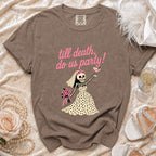 T-shirt with pink text "till death, do us party!" and skeleton bride graphic.