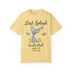 Yellow t-shirt with "Last Splash Sarah's Back Malibu Summer 2026" and a mermaid tail graphic.