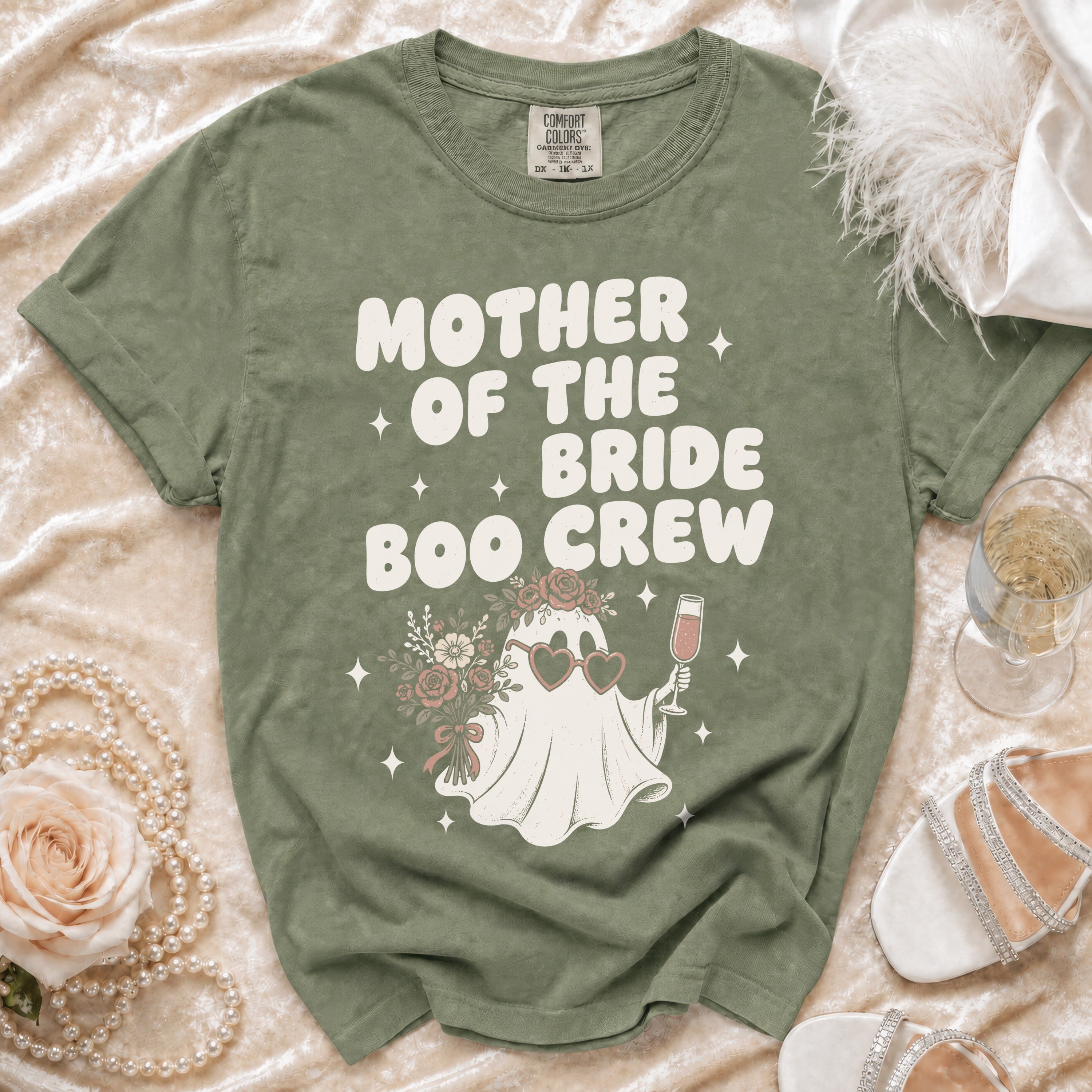 Olive green t-shirt with "Mother of the Bride Boo Crew" text and ghost graphic.