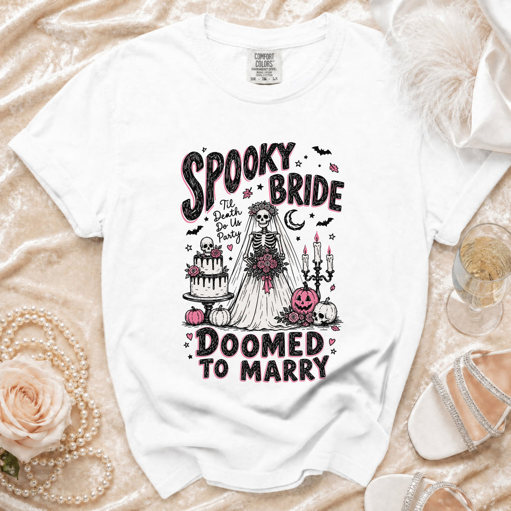 White t-shirt with "Spooky Bride 'Til Death Do Us Party Doomed To Marry" graphic.