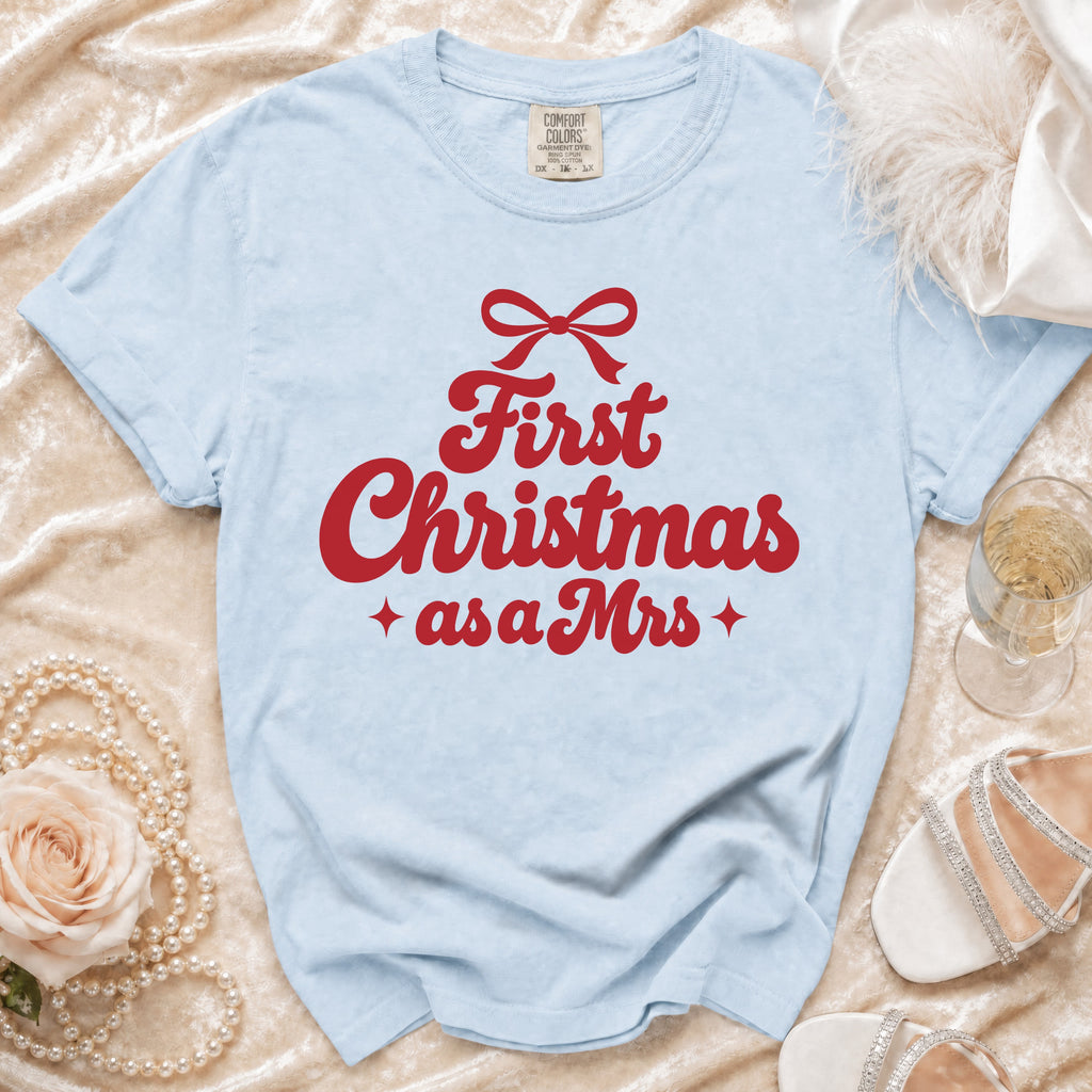 Light blue t-shirt with red "First Christmas as a Mrs" text and bow.