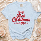 Light blue t-shirt with red "First Christmas as a Mrs" text and bow.