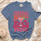 Blue Comfort Colors t-shirt with "This Girl Needs a Spicy Mar" graphic and margarita.