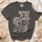 Dark grey t-shirt with "Mother of the Bride" graphic and text.