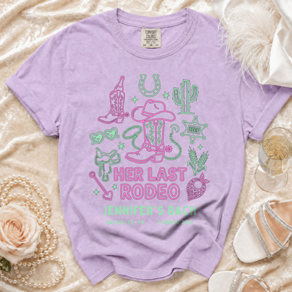 Purple t-shirt with "Her Last Rodeo Jennifer's Back" and rodeo graphics.