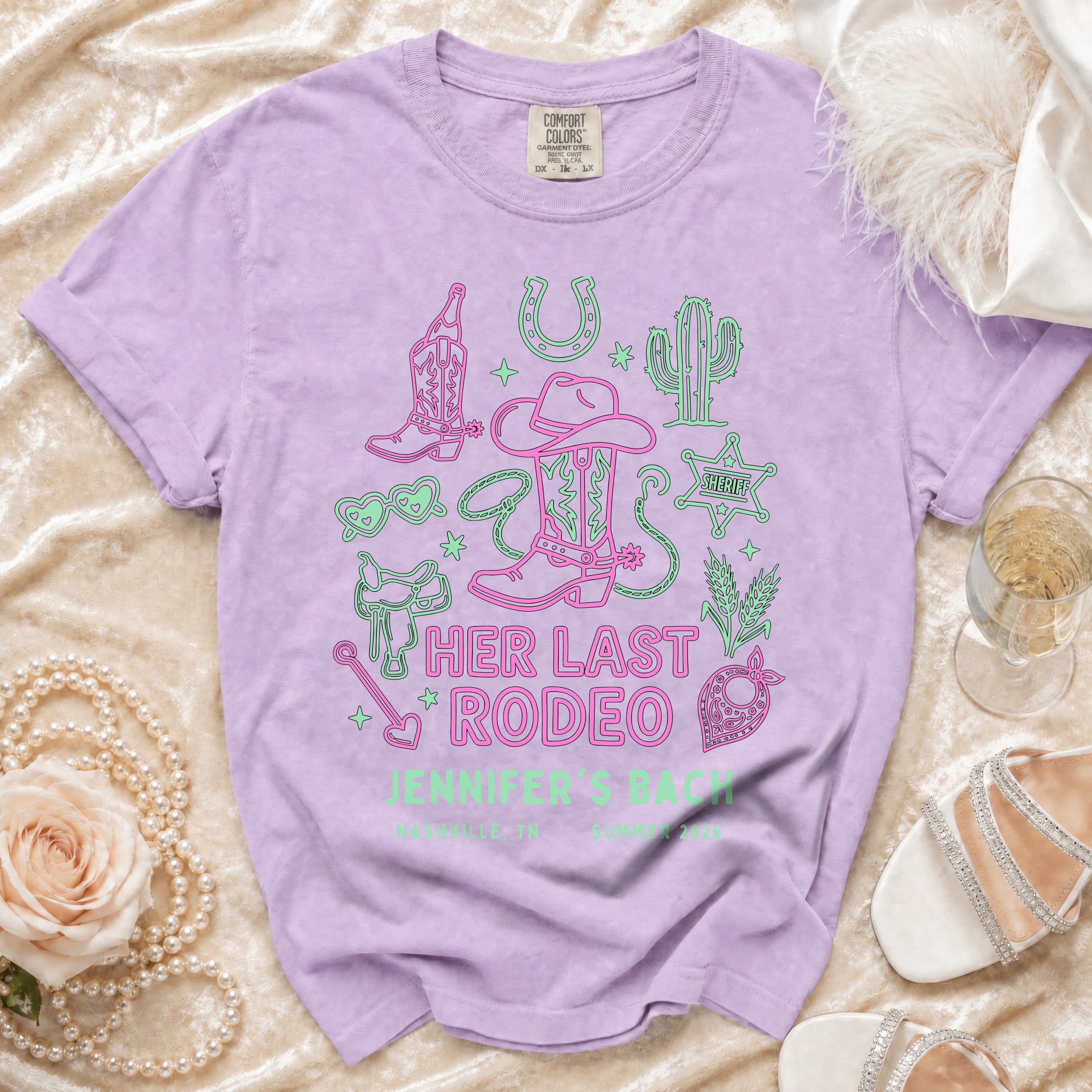 Purple t-shirt with "Her Last Rodeo Jennifer's Back" and rodeo graphics.