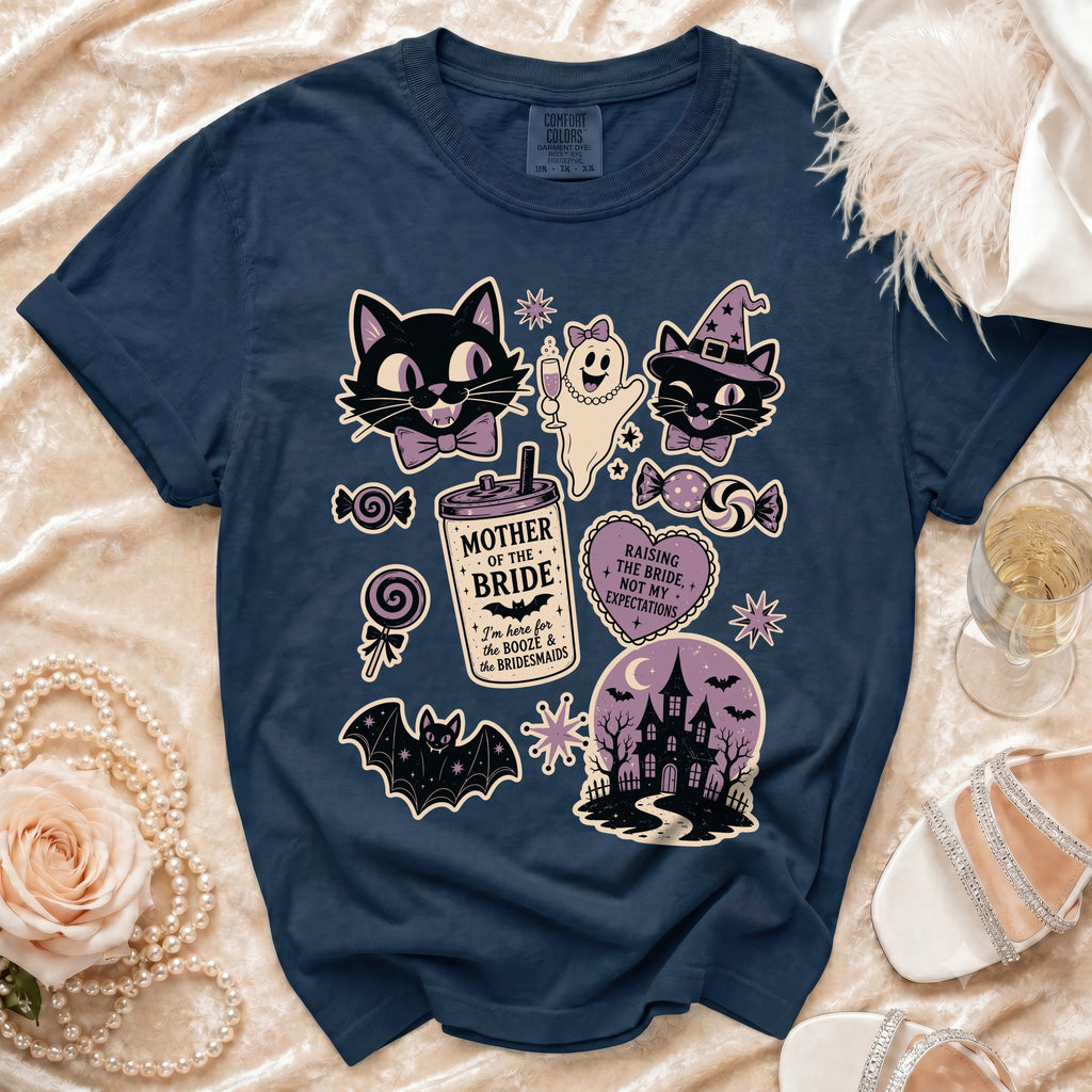 Navy t-shirt with Halloween-themed bridal party graphics including cats, ghost, and haunted house.