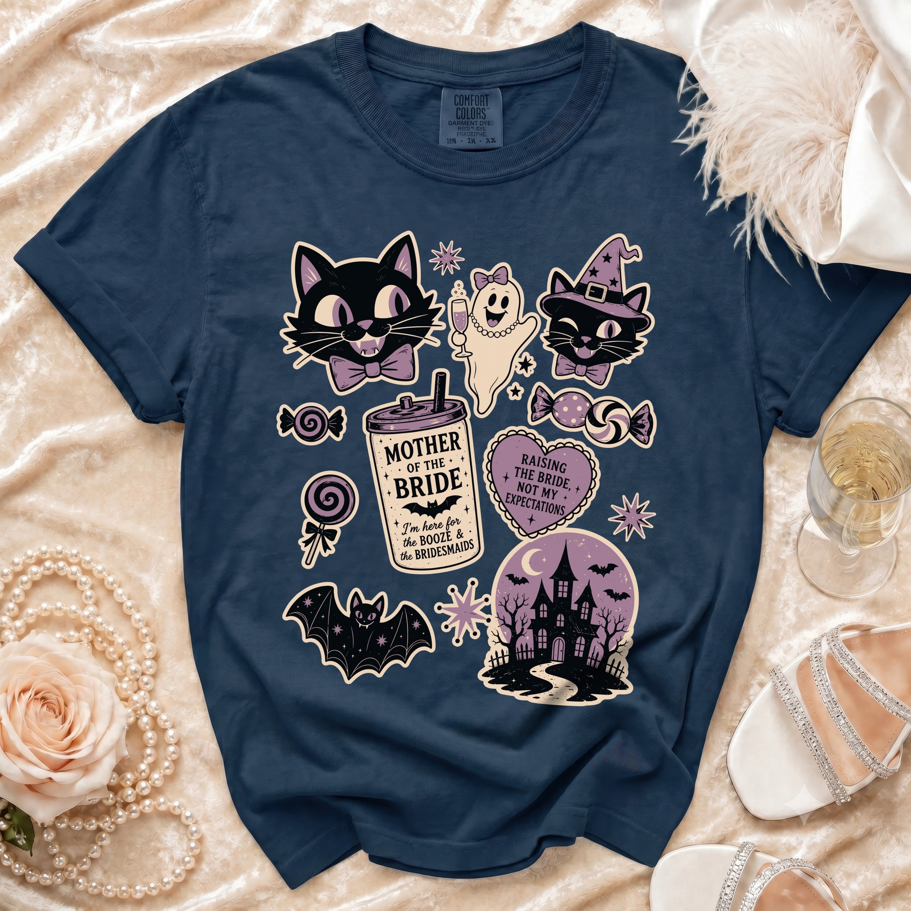 Navy t-shirt with Halloween-themed bridal party graphics including cats, ghost, and haunted house.