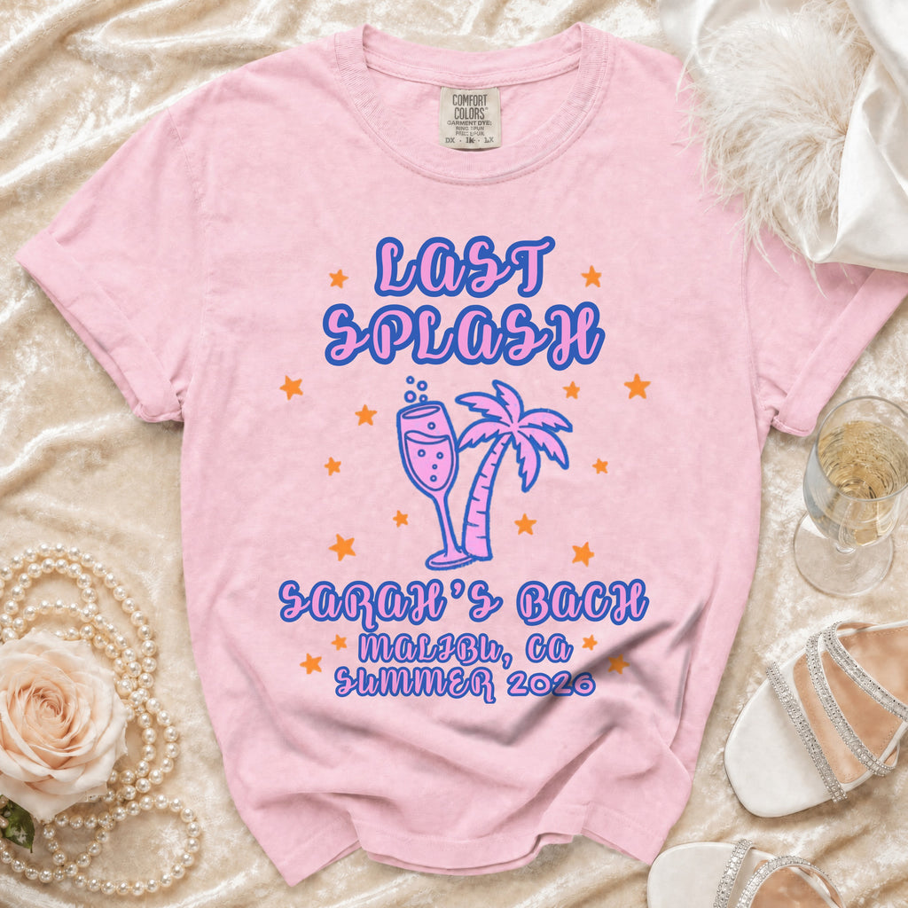 Pink t-shirt with "Last Splash Malibu, CA Summer 2026" and palm tree graphic.
