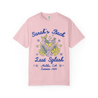 Pink t-shirt with "Sarah's Bach Last Splash Malibu, CA Summer 2026" text.