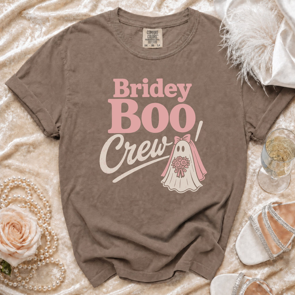 Brown t-shirt with "Bridey Boo Crew" text and ghost bride graphic.