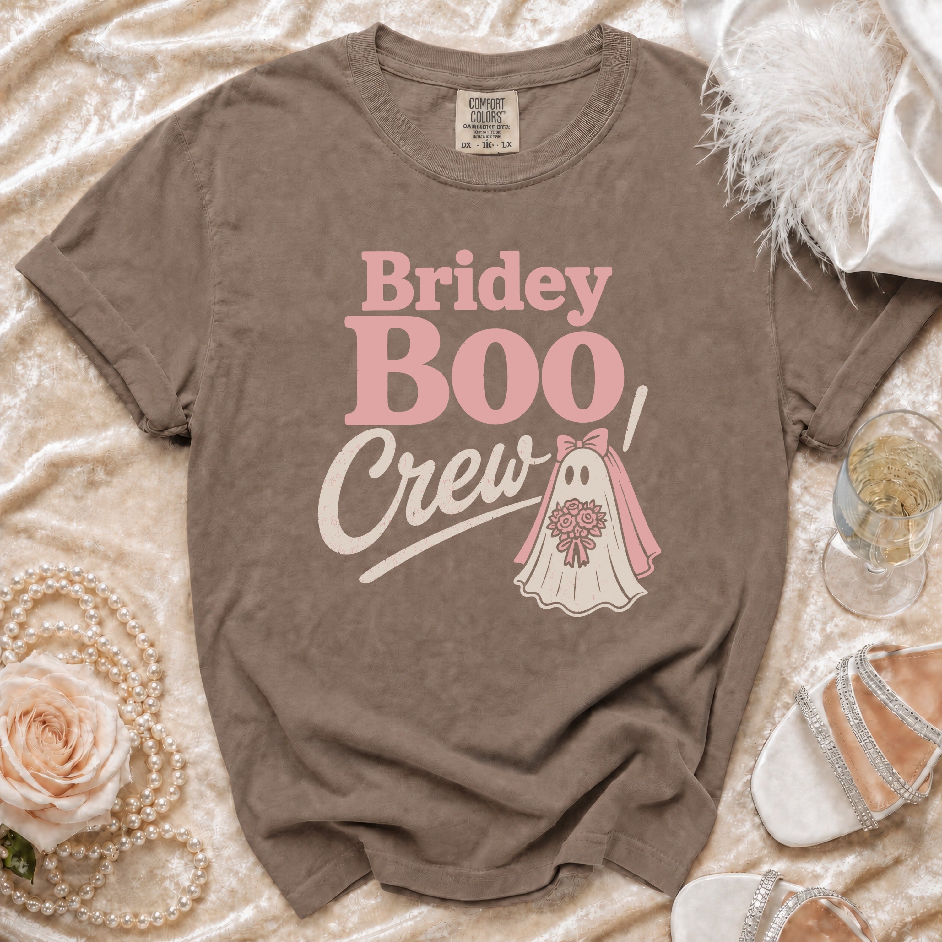 Brown t-shirt with "Bridey Boo Crew" text and ghost bride graphic.