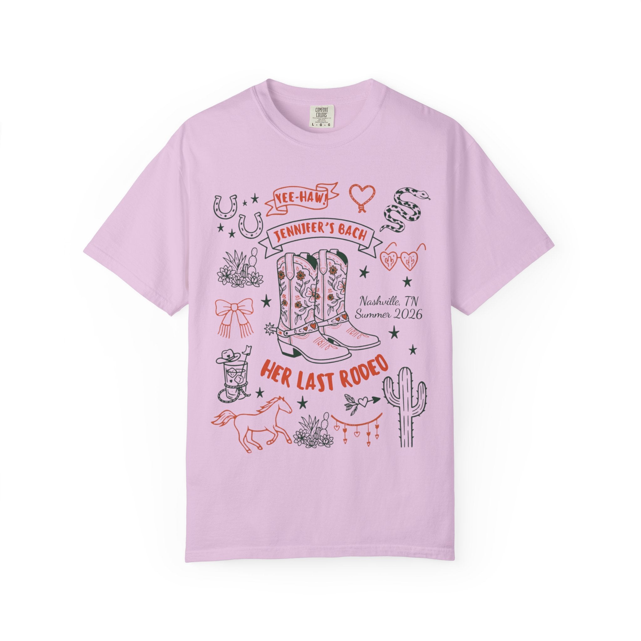T-shirt with "Her Last Rodeo Jennifer's Bach Nashville, TN Summer 2026" graphic.