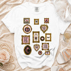 White t-shirt with framed spooky bride graphics: "Mother of the Bride," "Bride's Mom Boo," and "I Raised the Bride, I Survived the Planning."