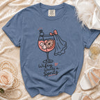 Blue t-shirt with "Wifey Wants a Spritz" graphic and cocktail glass.