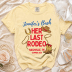 Yellow t-shirt with "Jennifer's Bach HER LAST RODEO Nashville, TN Summer 2026".