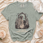 T-shirt with skeleton bride graphic and text "Til Death Looks Good On Me."