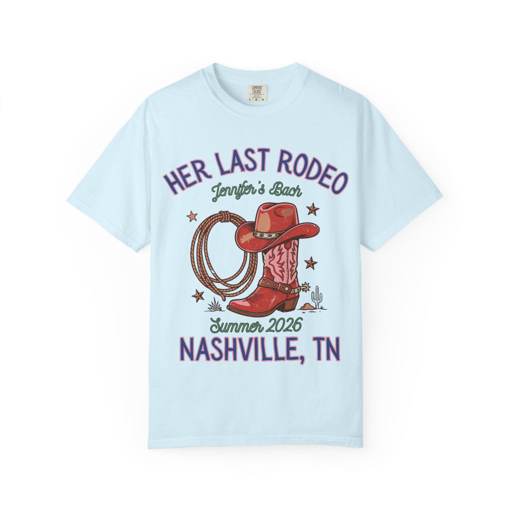 Light blue t-shirt with "Her Last Rodeo" cowboy boot and rope design.