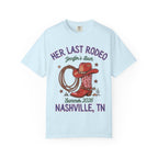 Light blue t-shirt with "Her Last Rodeo" cowboy boot and rope design.