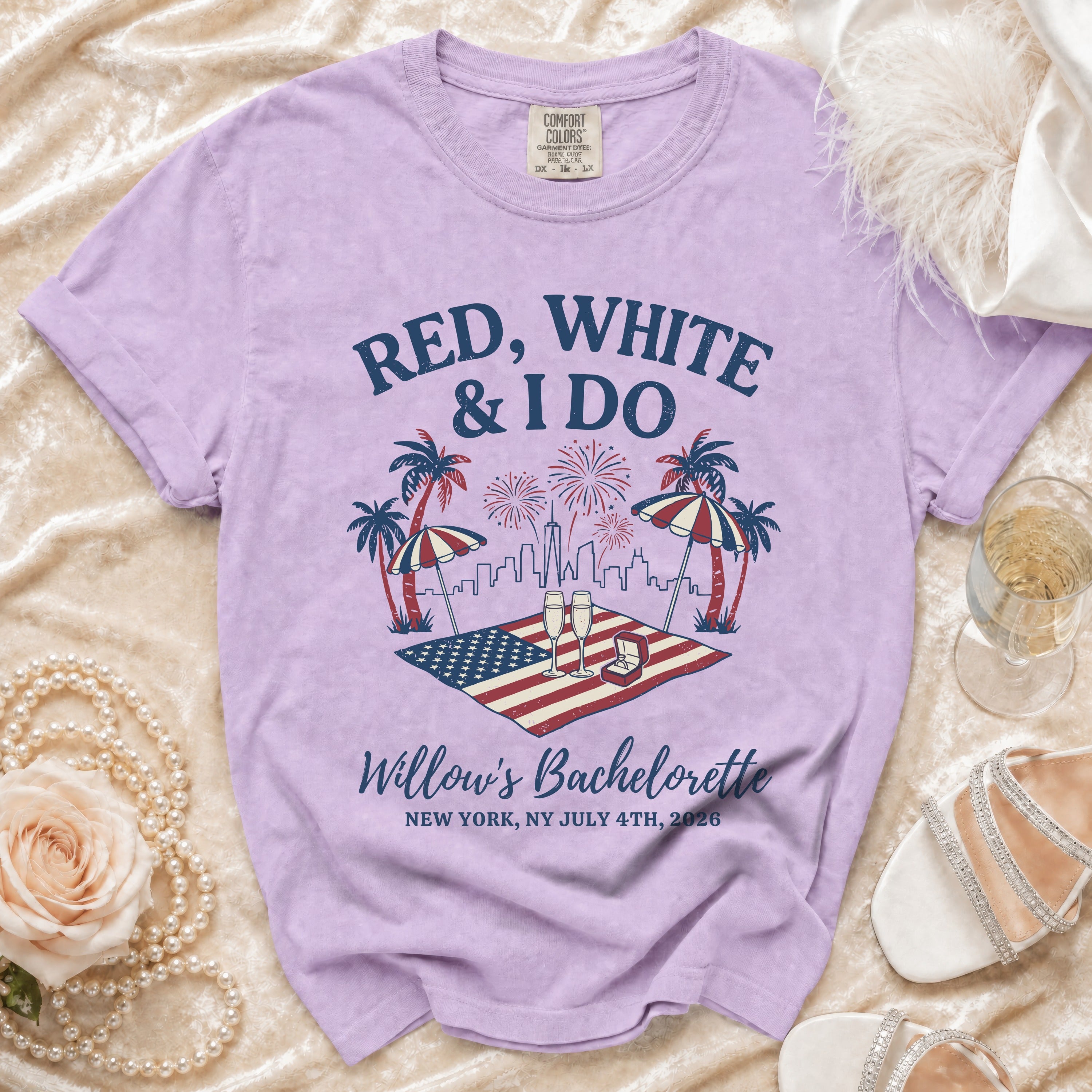 T-shirt with "RED, WHITE & I DO" and "Willow's Bachelorette" text.