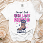 White t-shirt for "Jennifer's Bach Her Last Rodeo" in Nashville, TN, Summer 2026.