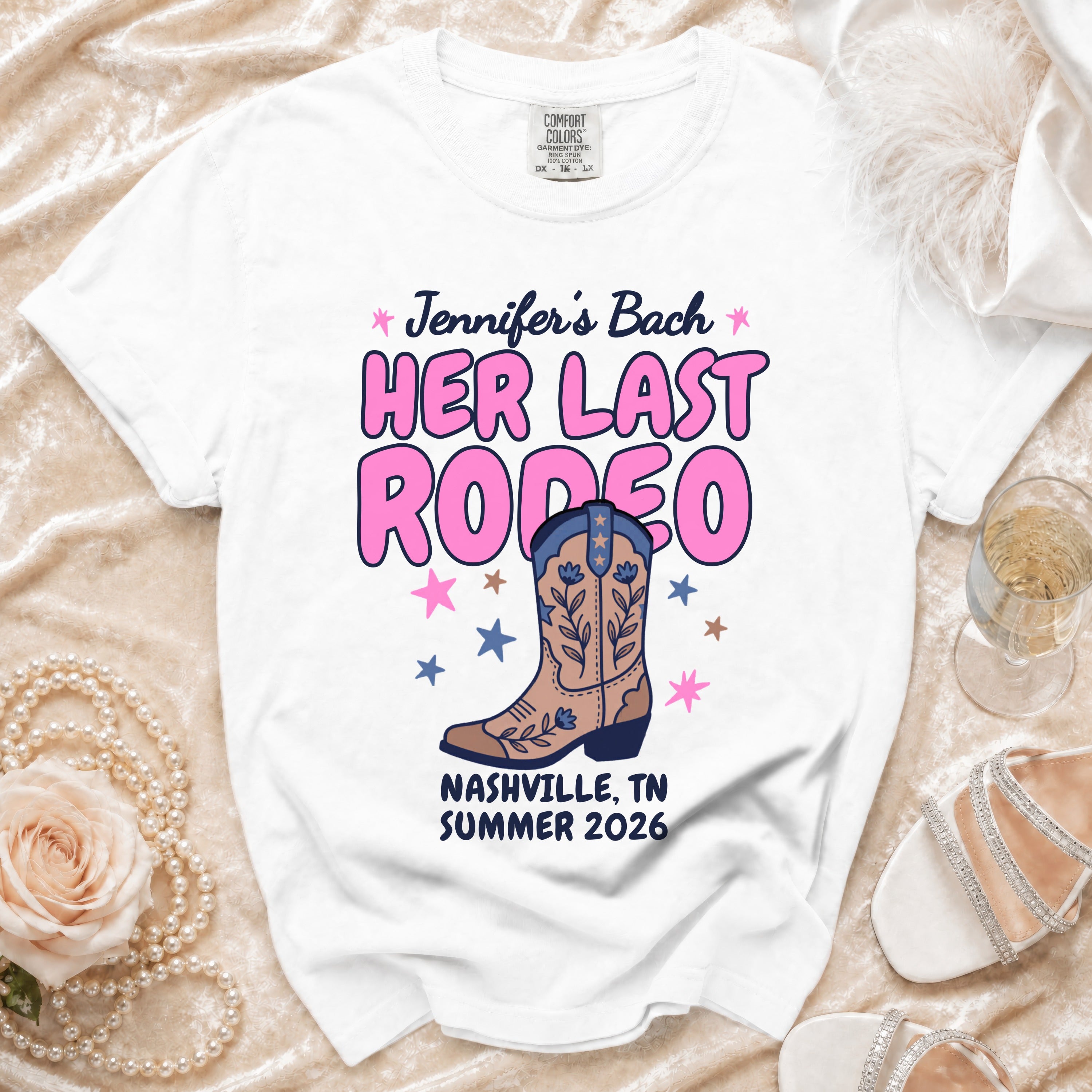 White t-shirt for "Jennifer's Bach Her Last Rodeo" in Nashville, TN, Summer 2026.